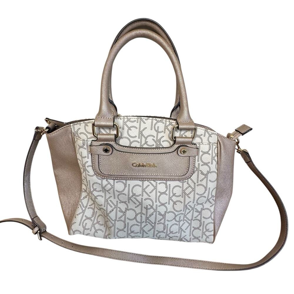 Calvin Klein Monogram Metallic Beige Cream Gold Shoulder Strap Handbag Purse